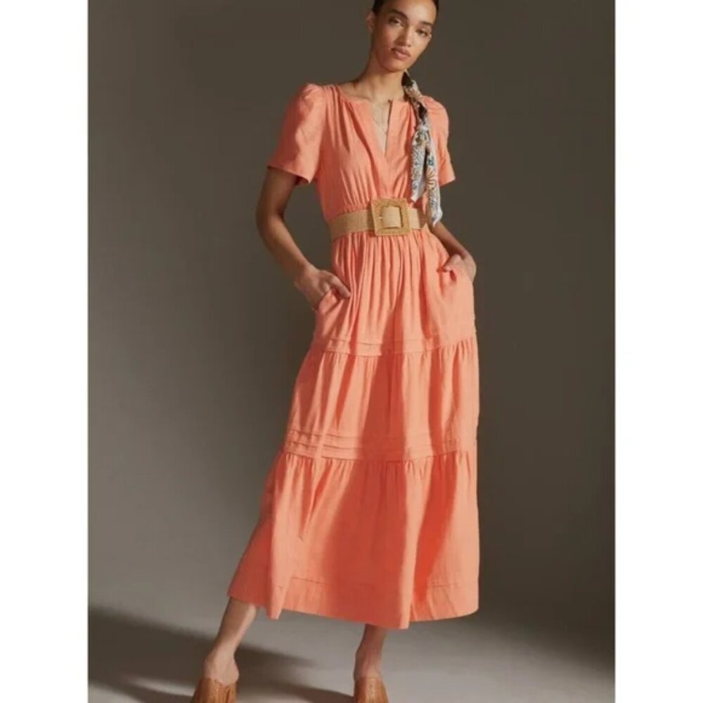 Anthropologie Somerset Maxi Dress in Peach/Coral Linen Medium